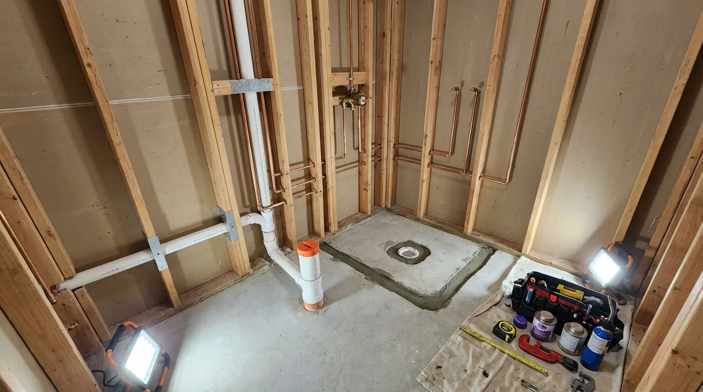 Bathroom rough-in plumbing during remodel by Johns Plumbing LLC in Ketchikan