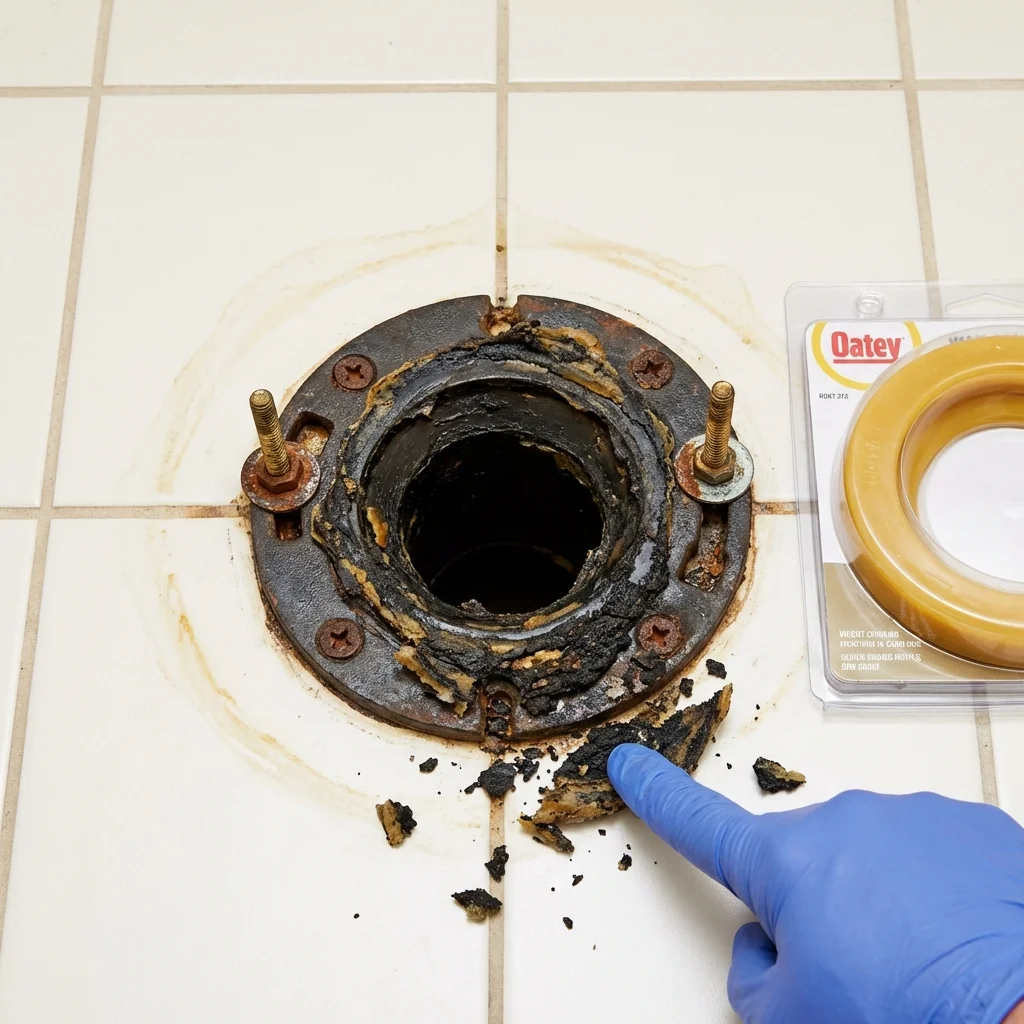 Failed wax ring showing water seepage at the base of a toilet in a Ketchikan, AK home