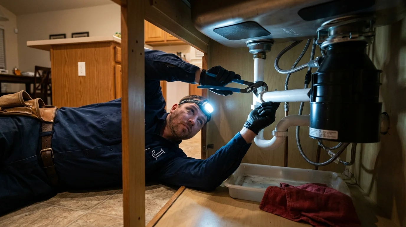 P-trap and supply line connections under a kitchen sink showing a common leak point in Ketchikan, AK